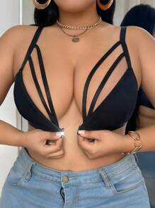 Plus Size Women Front Closure Deep V-Neck Lace Splicing Romantic Lingerie Bra - Black - View 1