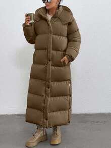 EURMUSE Keep Warm Feature, Maxi Lenght, Side Popper Detailed Puffer Winter Coat - Dark Grey - View 4