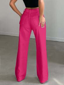 EURMUSE Women's Casual Straight Leg Solid Color Jeans, Suitable For Everyday Wear - Berwarna merah muda - View 2