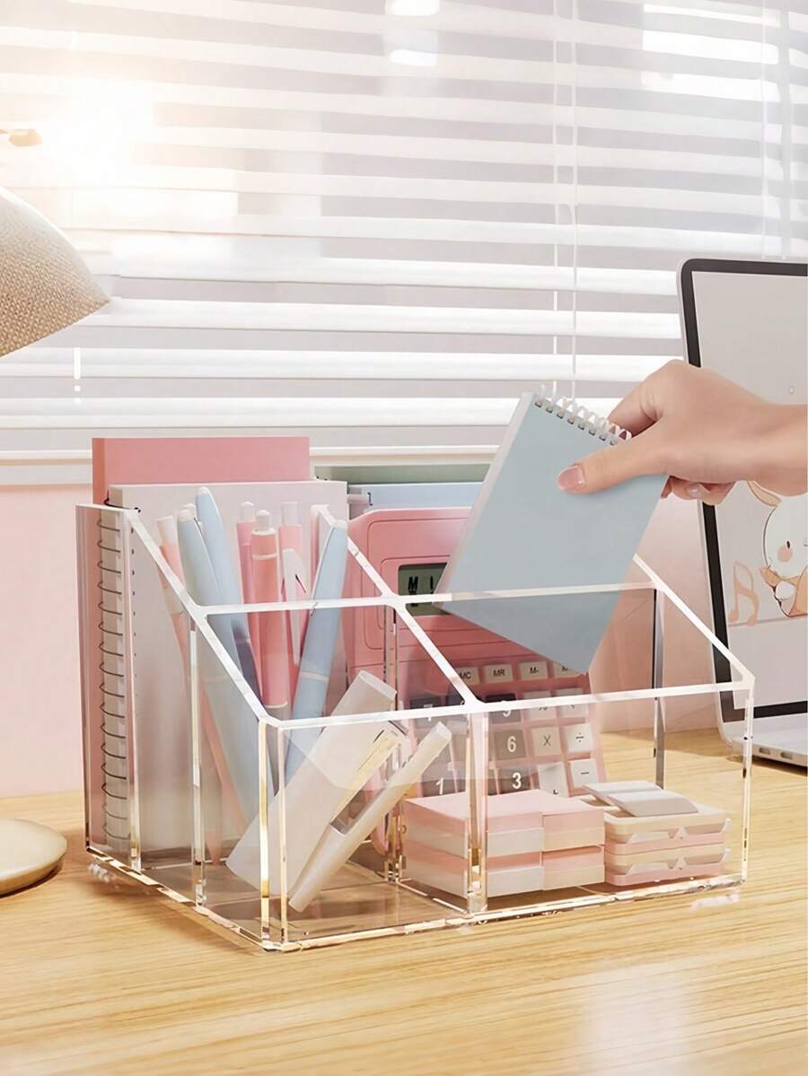 1个超吸引笔筒收纳盒，宿舍办公室桌面文具透明网格收纳盒，桌面化妆品收纳盒，铅笔橡皮擦文具收纳笔筒