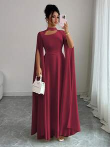 Elenzga Women's Elegant French Romantic Vacation Style Beach Dress, Chiffon Sheer Fabric, Hollow Collar, Criss-Cross Back Tie, Flared Maxi Skirt, Long Sleeve, Slit Cuffs, Suitable For Afternoon Tea, Party, Middle East Style, Spring/Summer Fall Cloth For Women - Burgundy - View 5