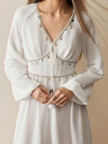 Florisole 度假休闲纯色吊坠装饰连衣裙 - 白色 - 查看 7