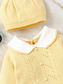 SHEIN Playful Pals 女婴复古风格针织连脚连体衣，有领和后背纽扣，长袖，舒适柔软，适合日常、外出、旅行、度假、居家、日托和玩耍 - 黃色 - 查看 7