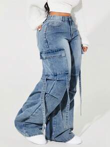 SHEIN ICON Damen Cargo Jeans in Große Größen mit Plissee-Weitem Bein und locker Passform - Blau - Übersicht 2