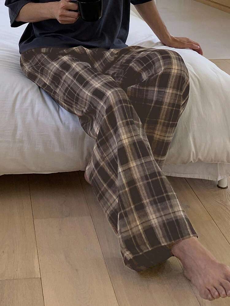 Men's Brown Plaid Casual Lounge Pants, Spring/Summer, Fall Pajama, Winter