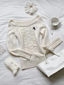 Comfortcana 女式休闲骑士图案露肩插肩长袖毛衣