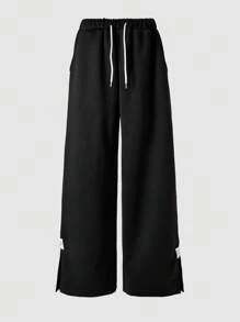 SHEIN 青少年男孩松紧腰抽绳宽松直筒黑色休闲运动裤 - 黑色 - 查看 4