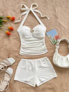 Soleia 女式度假针织纹理 V 领花卉金属装饰露背短款上衣和超短裤两件套，适合派对、圣诞节、约会之夜、夜总会、海滩、游轮、下午茶、波西米亚风、波西米亚风、度假、秋季 - 白色 - 查看 3