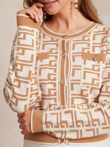 Amorya 女式优雅针织撞色复古卡其色花卉图案开衫，秋季 - 彩色 - 查看 6