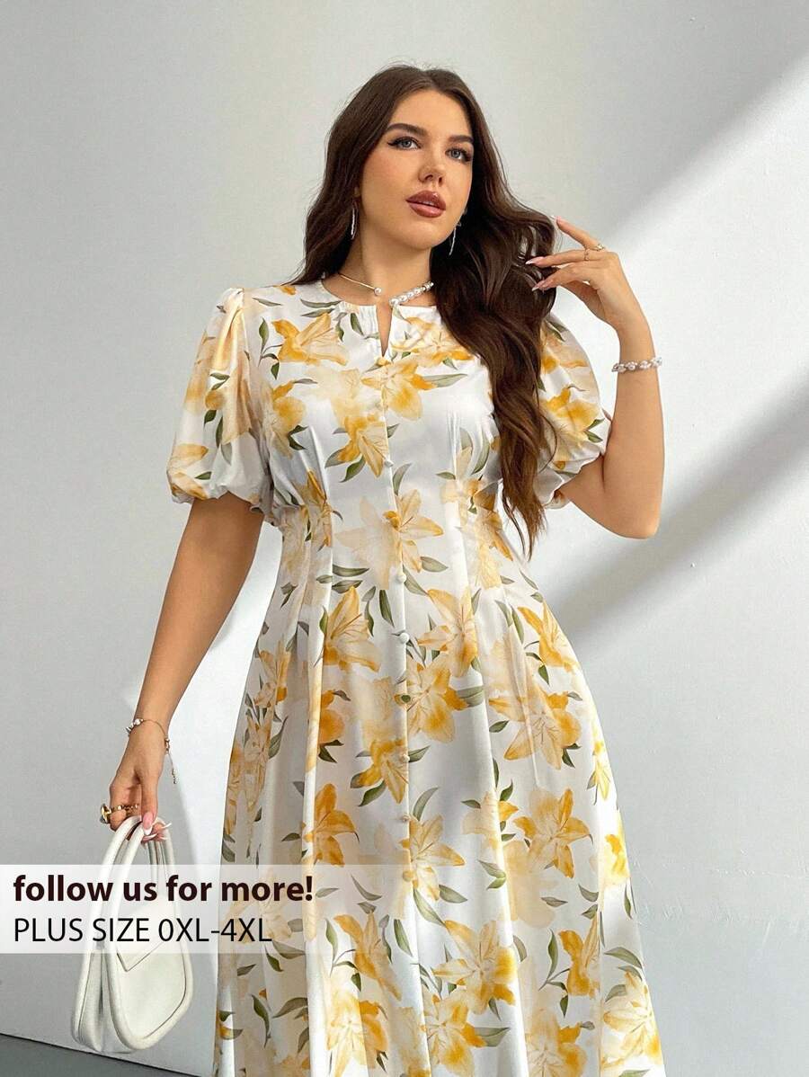 Firerie Plus Size Women Floral Print Puff Sleeve Short Sleeve Long Maxi Dress, Yellow Floral Pattern, Suitable For Beach, Date, Valentine's Day, Music Festival, Party, Wedding, Sexy, Elegant, Commute, Back To School, Vacation, Romantic Women Short Dresses Summer Women Summer Clothing Work Summer Dresses Woman S Summer Clothes Women Plus Sun Dress,Sun Dresses For Women,Sundress