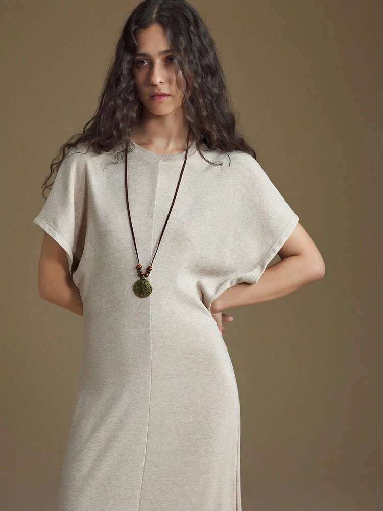2025 Women's Long Dress Beige,Summer,Casual,Vacation,Soft Knit Fabric,Batwing Sleeves,Waist Cinched,Fitted Silhouette,Straight Cut,Minimalist Elegant