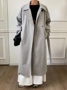 Livesso 女士时尚简约腰带长款风衣女式夹克，秋季女装 - 灰色 - 查看 1