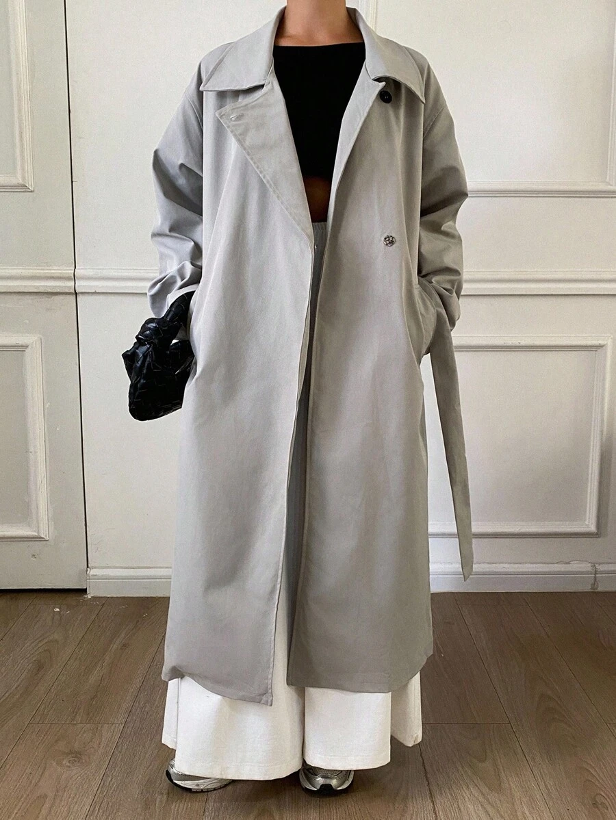 Livesso 女士时尚简约腰带长款风衣女式夹克，秋季女装 - 灰色 - 查看 1