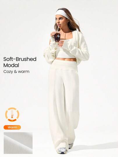 GLOWMODE Pantalones jogger de cintura alta con cordón ajustable, bolsillos laterales y piernas anchas de 30" de modal y felpa, para uso diario y casual