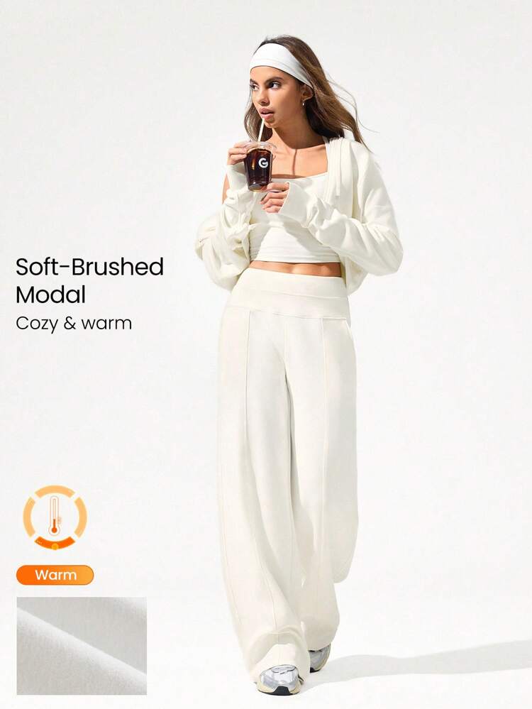 30'' Modal Fleece Wide Leg High Waist Adjustable Drawstring Waist Joggers Pants With Side Pockets Daily Casual Fall Winter