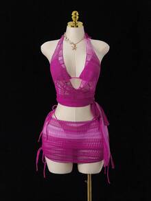 Swim SXY 4 件套女士新款性感比基尼套装：细肩带露背上衣、侧系带衬衫、侧系带泳裤、侧系带迷你裙、夏季泳装 - 彩色 - 查看 3