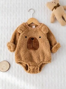 Cozy Pixies Body pentru bebeluși cu mânecă lungă, tricotat cu model de ursuleț de desene animate, moale, cu guler rotund, salopetă pentru bebeluși, salopetă pentru bebeluși, ursuleț de pluș, ținută maro pentru bebeluși, haine pentru bebeluși moca, salopetă sherpa pentru bebeluși, toamnă-iarnă - Cămilă - Vizualizare 4