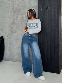 EURMUSE Women's Thick Denim Jeans, Oblique Placket, Loose Wide-Leg Pants, Blue - Dusty Blue - View 3