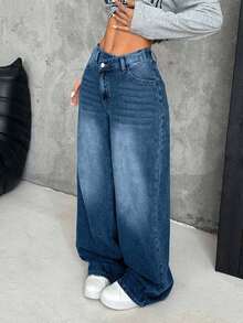 EURMUSE Women's Thick Denim Jeans, Oblique Placket, Loose Wide-Leg Pants, Blue - Dusty Blue - View 6