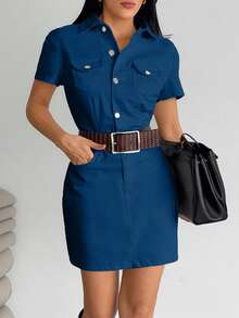 EURMUSE Mini Button And Belt Detailed Denim Dress - Dark Wash - View 7