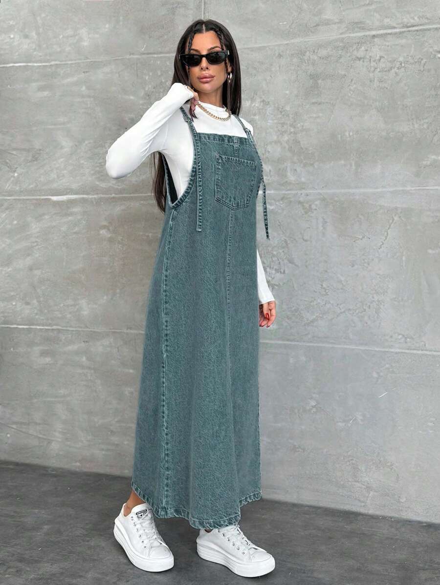 EURMUSE WOMEN LONG DENIM DRESS POCKET DETAILED - Teal Blue - View 1