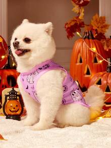 1 件宠物猫狗通用万圣节粉色幽灵可爱卡通图案印花时尚透气舒适狗背心，PETSIN 原创设计 - 彩色 - 查看 4