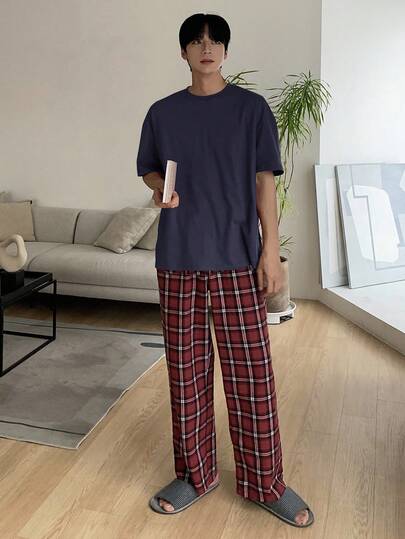 DAZY Navy Plaid Pants And T-Shirt Men's Loungewear Set, Spring/Summer Pajama