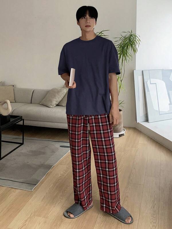 DAZY Navy Plaid Pants And T-Shirt Men's Loungewear Set, Spring/Summer Pajama