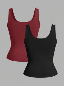 Slaydiva Multipack Black + White Casual And Versatile CA Scalloped Top, Deep U-Neck And Racerback Basic Women's Tank Top - Red and Black - View 2