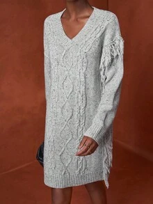 Zivah Robe en tricot à col en V avec franges torsadées grise pour femmes, style décontracté ample, automne/hiver - Gris - Voir 4