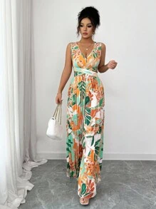 Elenzga 女士花卉印花褶饰腰部连体裤，优雅适合度假和日常通勤 - 綠色 - 查看 4