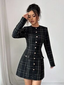 Elenzga 女式格子圆领长袖金属单排扣优雅短款连衣裙 - 黑色 - 查看 6