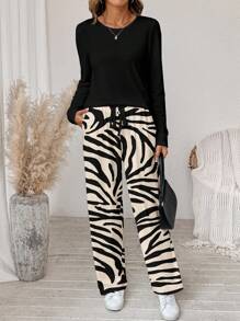 SHEIN LUNE Women's Colorblock Zebra Print Round Neck Long Sleeve 2 Pieces Set, Suitable For Autumn/Winter