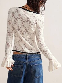 Bohemela 波西米亚风度假休闲纯色针织蕾丝喇叭袖V领女式衬衫 - 白色 - 查看 8