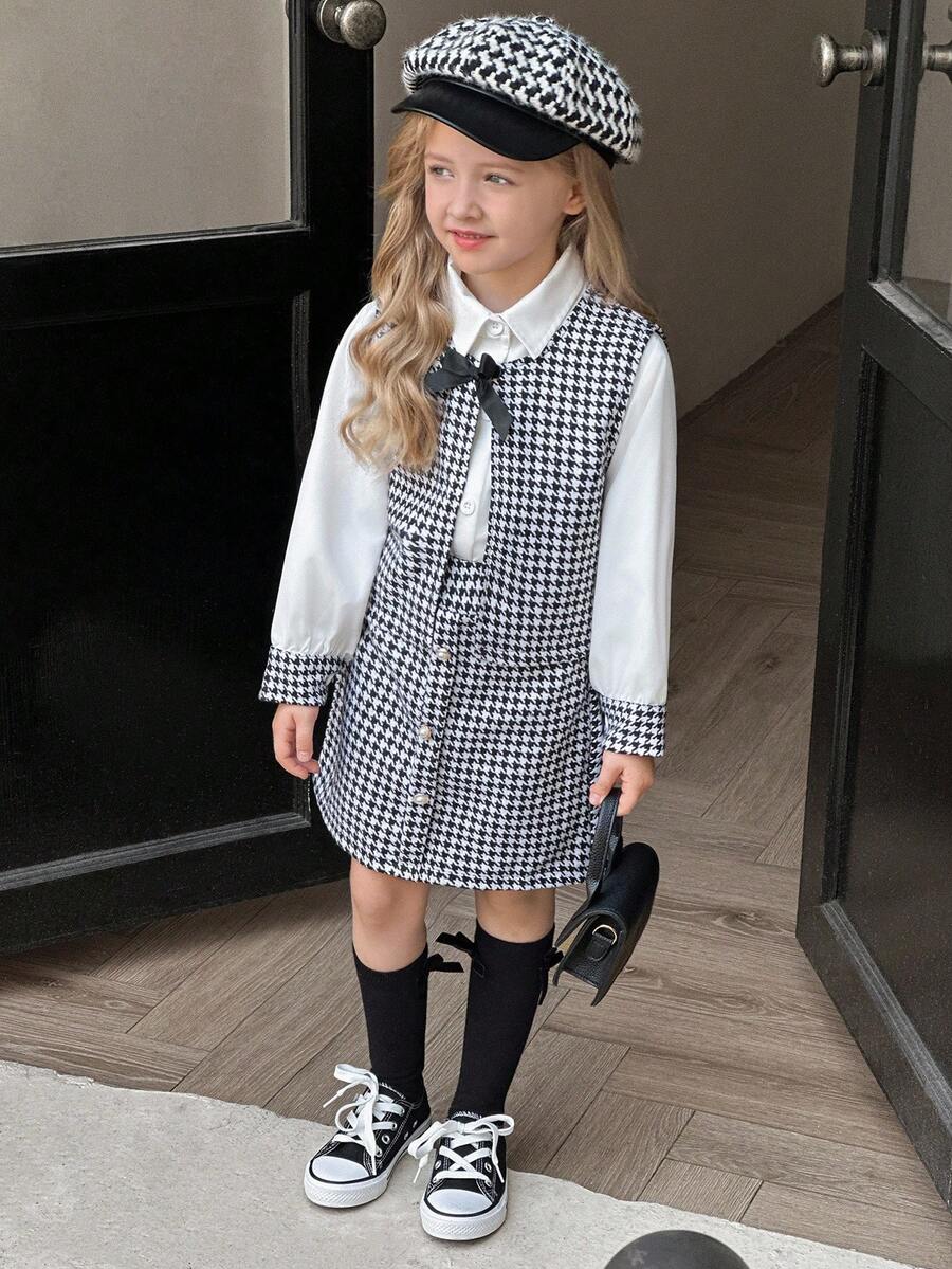 SHEIN Elladie kids 3 Stücke Mädchen (Kleine Größe) Hahnentrittmuster Schleife Ärmellose Weste Jacke, Langarm Kragen Lässig Beige Hemd Bluse mit Perlknöpfen, Hahnentrittmuster Rock Set, Frühling/Herbst Mode Outfit