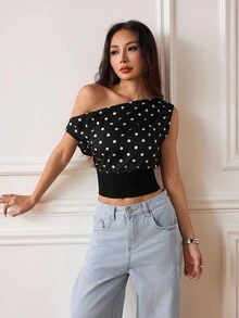 SHEIN PETITE 夏季新款女士波点上衣，Y2K，外出上衣，复古风女士，机场女士