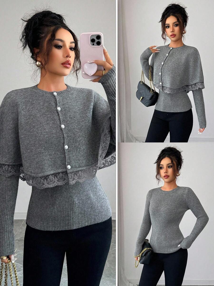 Elenzga Women's Elegant Round Neck Poncho Style Lace Patchwork Ribbed Knit Sweater 2 Pieces Set Fall Winter Cloth For Women - Grey - View 1