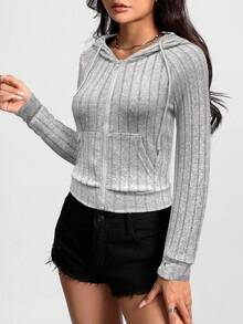 StreetHx Sudadera con capucha de mujer de unicolor, manga larga, con cremallera frontal, bolsillo y cordón, para otoño - Gris Claro - Ver 6