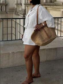 INAWLY Plus Size Solid Color Shirt Collar Mid-Length Sleeve Pocket Front Button Up Casual Top And Shorts 2pcs Set - White - View 3