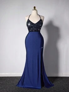 Viva Relle 大码女装 女士优雅亮片拼布露背缎面高腰连衣裙、宴会礼服、女士晚礼服 舞会礼服 女士正式舞会礼服 女士优雅连衣裙 女士舞会礼服 - 藍色 - 查看 5