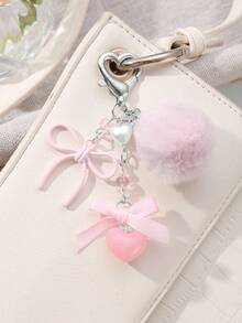 ROMWE Kawaii 1pc Elegant Sweet Minimalist Fashion Collegiate Style Faux Pearl Resin Heart Chain Ribbon Acrylic Bow Pom-Pom DIY Keychain Bag Charm, Suitable For Women, Daily Wear, Holiday Gift - Pink - View 8