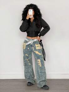 SHEIN PETITE 女士时尚百搭连帽短款夹克，冬季 - 黑色 - 查看 6