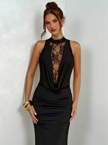 SHEIN BAE Abito aderente a tubino elegante in pizzo nero con collo alto, abito in pizzo nero per la primavera e l'estate - nero - Visualizzare 3