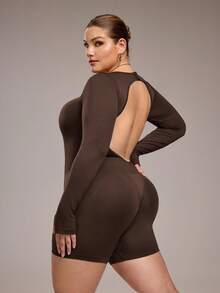 Rhythm Era 大码女式纯色圆领常规肩长袖修身连体衣，大码塑身衣收腹棕色连体衣无缝连身裤收腹连体裤 - 棕色 - 查看 2