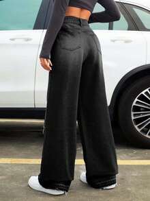 Women's Pocket Star Frayed Hem Wide Leg Loose Jeans - Black - View 6