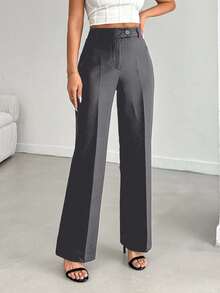 SHEIN Cottnline Straight Pants For Women With High Waist And Elegant Solid Color With Button And Zipper Detail - Dark Grey - View 4