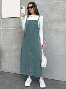 EURMUSE WOMEN LONG DENIM DRESS POCKET DETAILED - Teal Blue - View 5