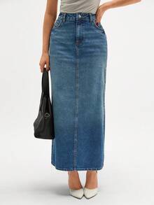 CLARA VERO Women's Pocketed Straight Loose Casual Long Denim Skirt - Dusty Blue - View 7