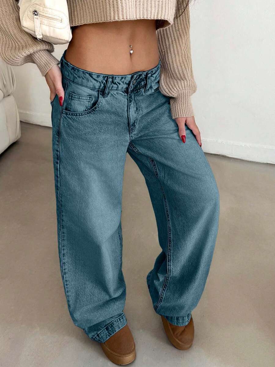 EURMUSE 女式低腰口袋阔腿宽松休闲百搭牛仔裤 - 深色水洗藍 - 查看 1