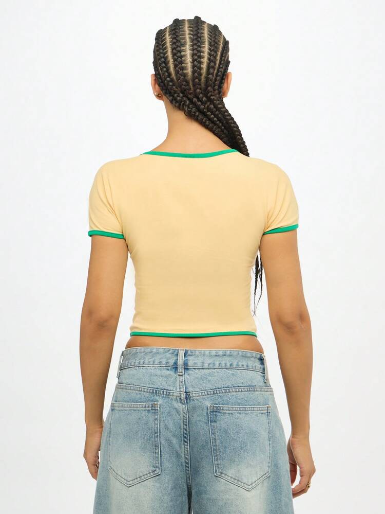 SUMWON WOMEN Form Fitting V Neck T Shirt With Logo